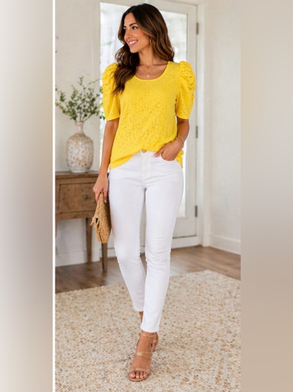 CeCe Eyelet Puff Sleeve Blouse Small Yellow Short Sleeve Feminine Top